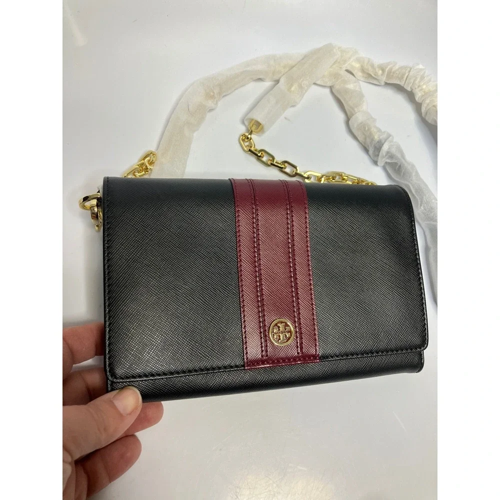 Tory‎ Burch Robinson chain wallet black & maroon saffiano leather brand new!